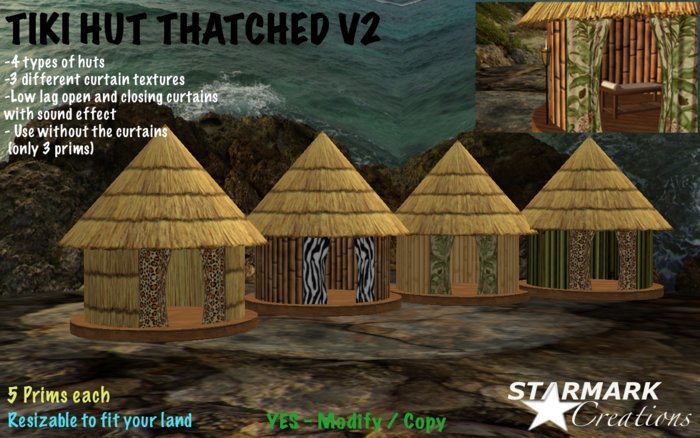 UPDATED! 4 nice LOW PRIM tiki hut thatched V2 from STARMARK CREATIONS -- promo price --
