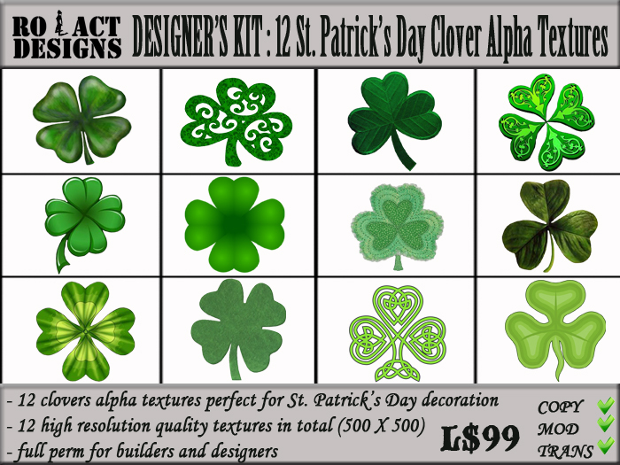 ..::RO!ACT::..DESIGNS 12 St. Patricks Day Clover Alpha Textures