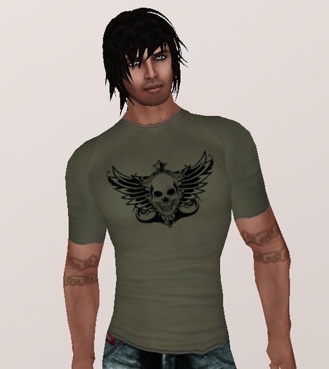 Black winged skull on green T Shirt (underpnats/shirt layers)