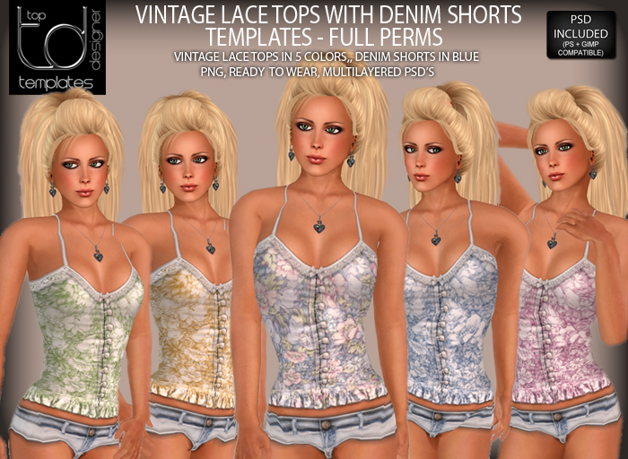 TD TEMPLATES Vintage Lace Tops with Denim Shorts Set Templates PNG & PSD FILES - FULL PERMISSIONS