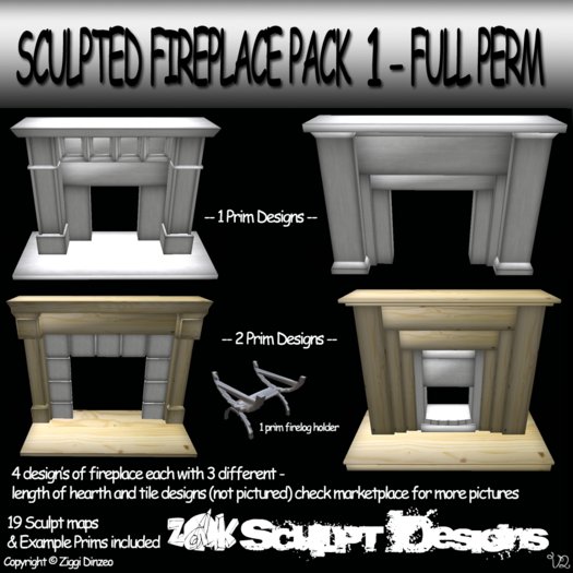 Z@K Sculpted Fireplace Pack  - 4 Sculpts - Full Perm - Prefab