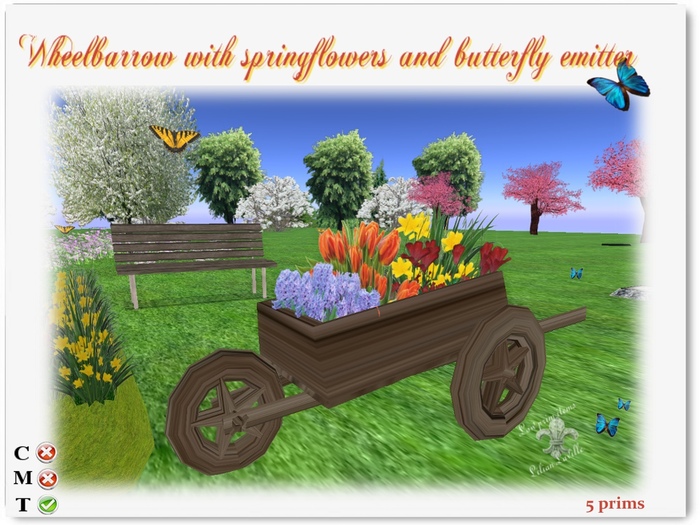 WHEELBARROW with SPRING FLOWERS & butterflies