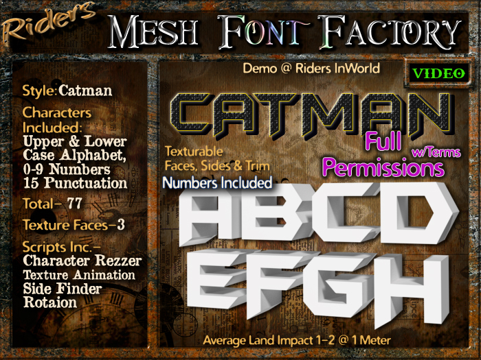Riders Mesh Font Set (Catman) - 3 Sides to Texture- INCLUDING #'s, Rezzer, Texture Animation & Rotation Script & More 