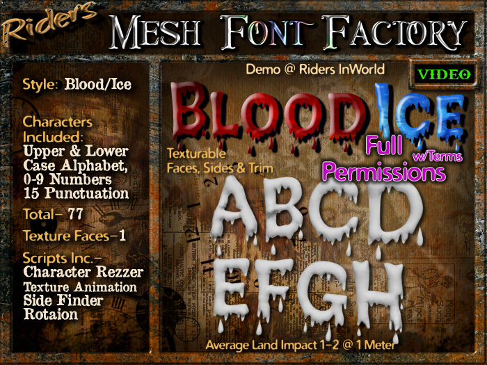 Riders Mesh Font Set (Blood/Ice) - INCLUDING #'s, Rezzer, Texture Animation & Rotation Script & More 