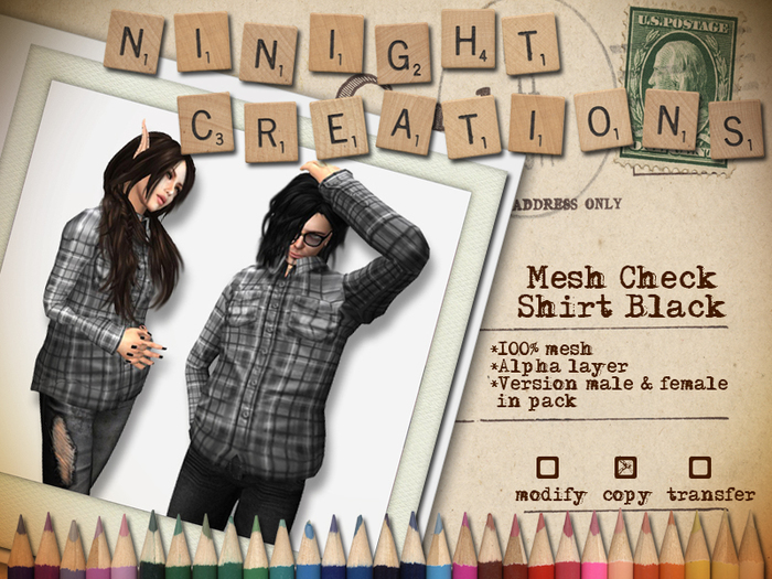 NN Check Shirt Black [RIGGED MESH]