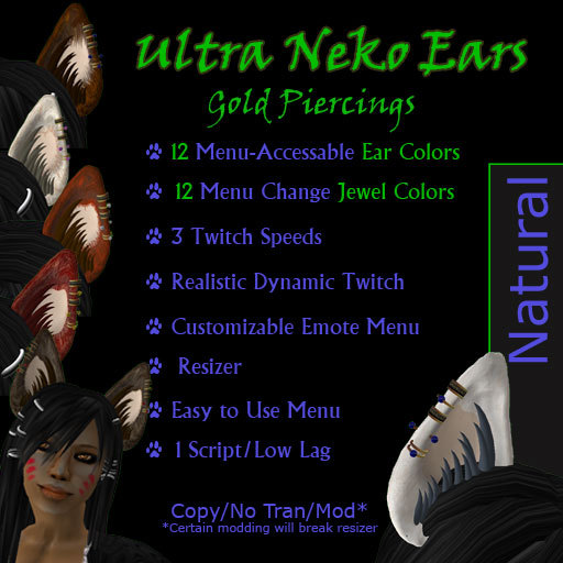 Ultra Neko Ears Natural Color, Gold Piercings