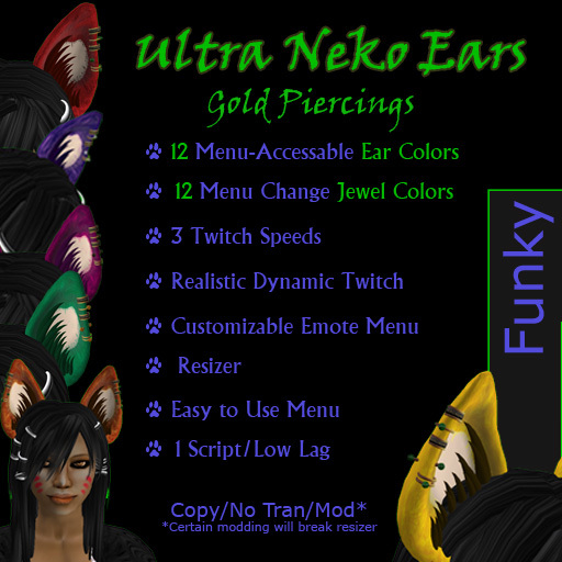 Ultra Neko Ears Funky Color, Gold Piercings