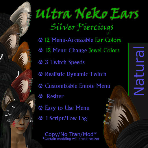 Ultra Neko Ears Natural Color, Silver Piercings