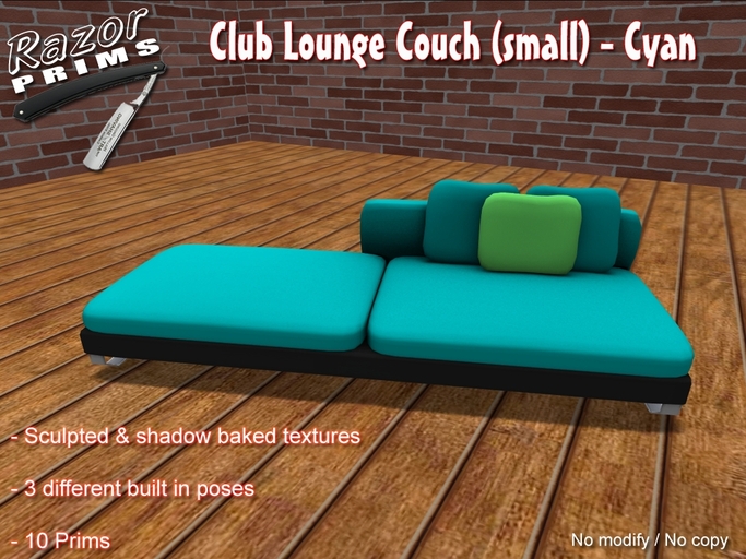 *RazorPrims* Club Lounge Couch / Sofa (small) - Cyan