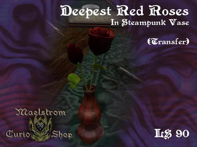 Steampunk Red Vase with Two Deepest Red Roses - Maelstrom Curio