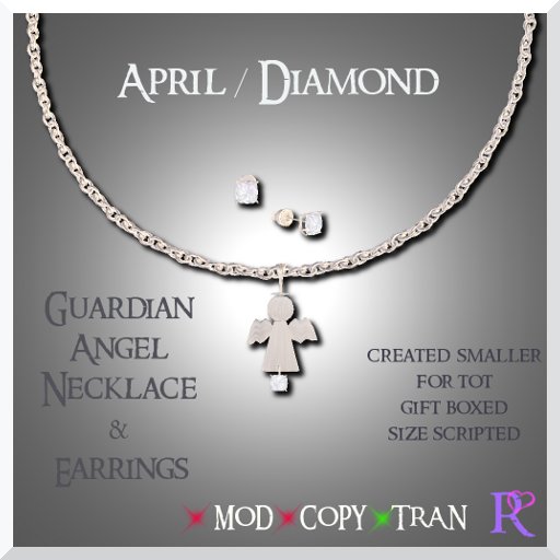 (WA) Sterling Silver Guardian Angel April Diamond Gemstone Necklace and Earrings for Tiny Tot, Toddler, Child