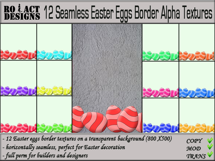 ..::RO!ACT::..DESIGNS 12 Seamless Easter Eggs Border Alpha Textures