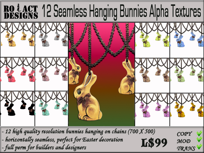 ..::RO!ACT::..DESIGNS 12 Seamless Hanging Chocolate Bunnies Alpha Textures