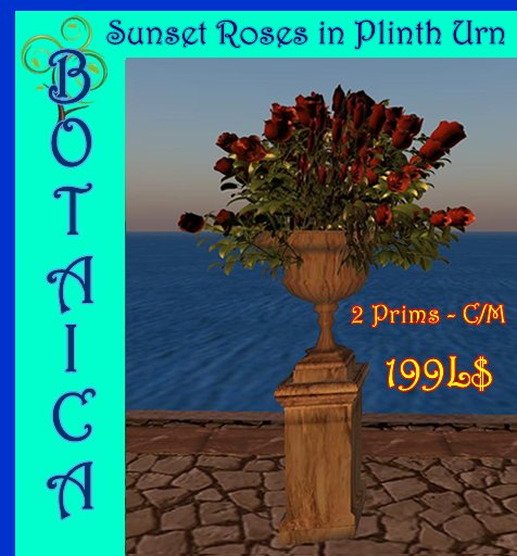 Sunset Orange Roses in Urn Plinth - 2 Prims!