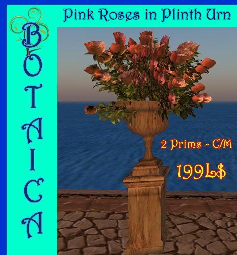 Light Pink Roses in Urn Plinth - 2 Prims!