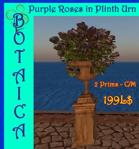 Purple Roses in Urn Plinth - 2 Prims!
