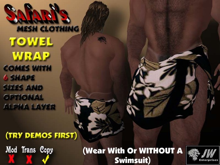 Safari's - Mens Towel Wrap (Black Hawiian 3)