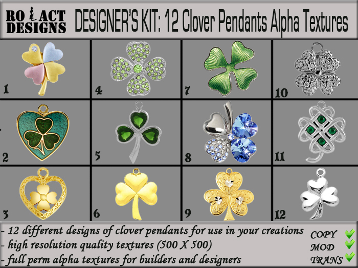 ..::RO!ACT::..DESIGNS 12 Clover Pendants Alpha Textures
