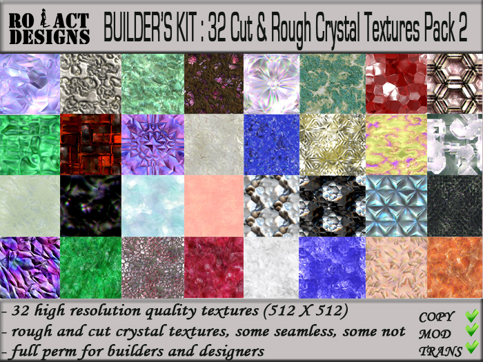  ..::RO!ACT::..DESIGNS 32 Cut & Rough Crystal Textures Pack 2 for Builders and Designers