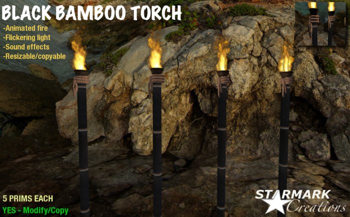 Black Bamboo torches with animated fire/light effects from STARMARK CREATIONS -- promo price --