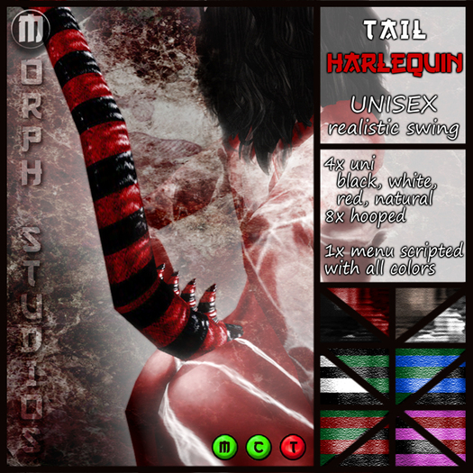 0o MORPH TAILS Harlequin with realistiv swing / black, red, white, natural / 8x hooped colors
