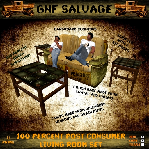 100% Post Consumer Living Room Set - Urban Grunge Sofa, coffee table, end table