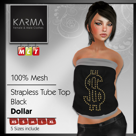 Karma - Mesh Tube Top Black DOLLAR - 5 Sizes include