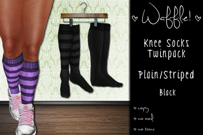 Waffle! Knee Socks Twinpack - Plain/Striped [black]