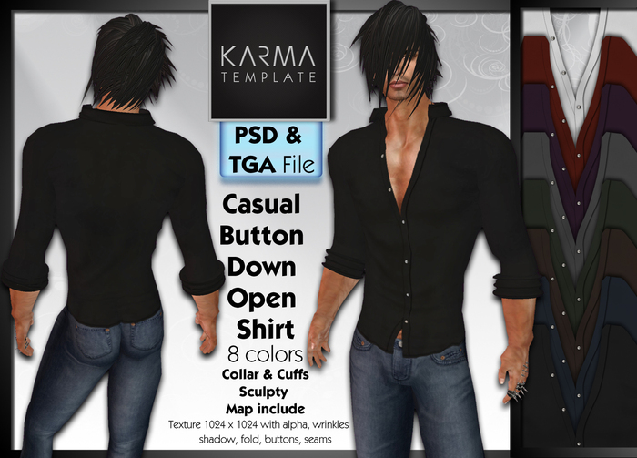 Karma Template - PSD & TGA - Casual Button Down Open Shirt - 8 Colors