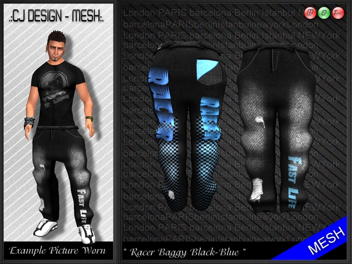 :CJ-Mesh:. Racer Baggy Black Blue Washed