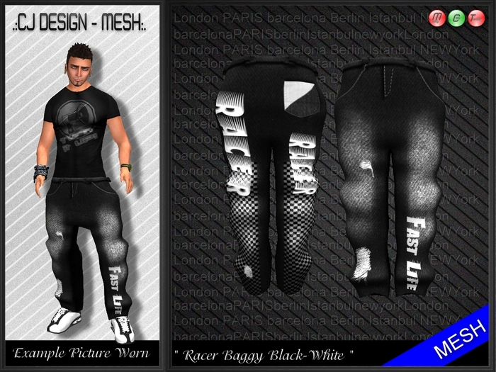 .:CJ-Mesh:. Racer Baggy Black White  Washed