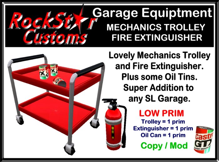 MECHANICS TROLLEY AND FIRE EXTINGUISHER