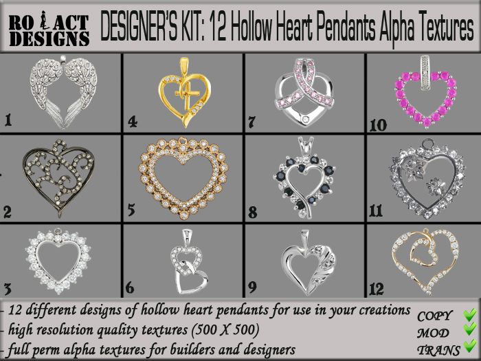 ..::RO!ACT::..DESIGNS 12 Hollow Heart Pendants Alpha Textures