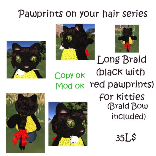 *Tiny B's Designs * Long Braid (black with pawprints) and Bow