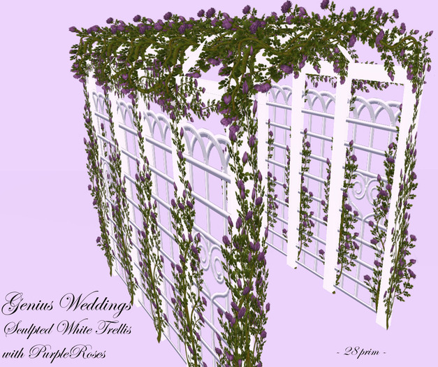 White Sculpted Trellis w Purple Roses
