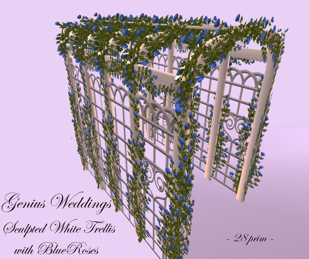 White Sculpted Trellis w Blue Roses