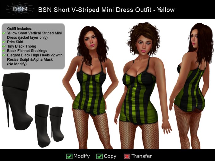 BSN Short V-Striped Mini Dress - Yellow