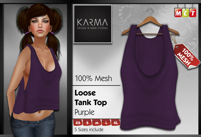 Karma - Mesh Loose Tank Top - Purple - 5 Sizes include