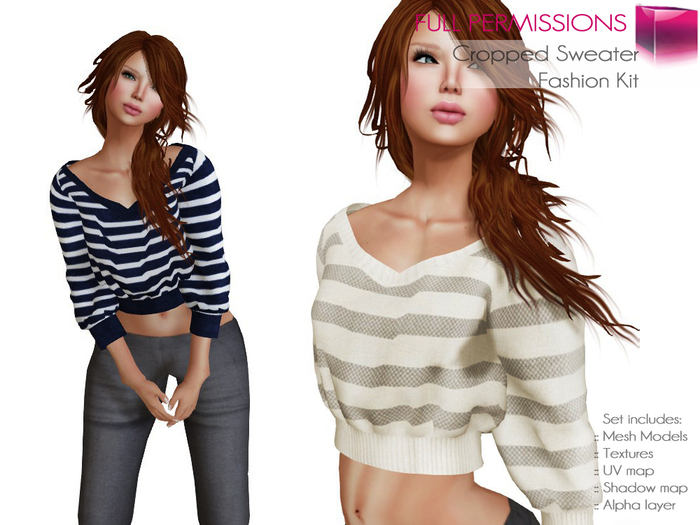 Full Perm RIGGED MESH Women's Female Ladies Chic Fashion Knitted V-Neck Crop Striped Sweater - 2 TEXTURES