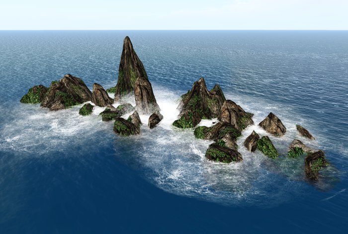 Realistic 50m wide offsim rocks barrier with waves 14prims