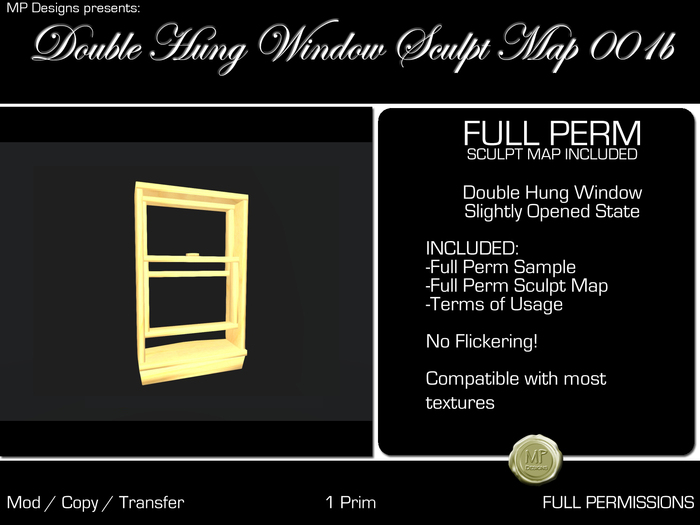 1 Prim Sculpted Doppel-Hung-Fenster - leicht geöffnet (001b) - FULL PERM Fenster Sculpt Map