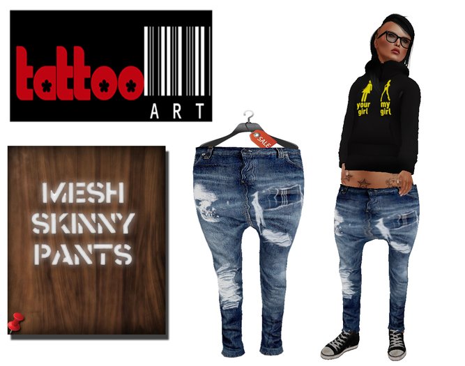 TattooArt Rigged Mesh Skinny Jeans Washed