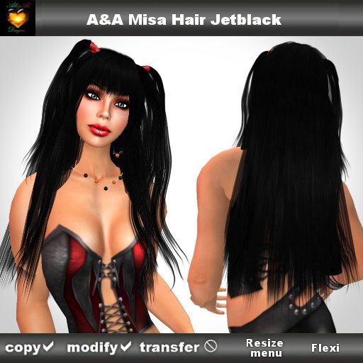A&A Misa Hair Jet Black (Special Color). Long straight flexi hairstyle with colorable pigtail bands