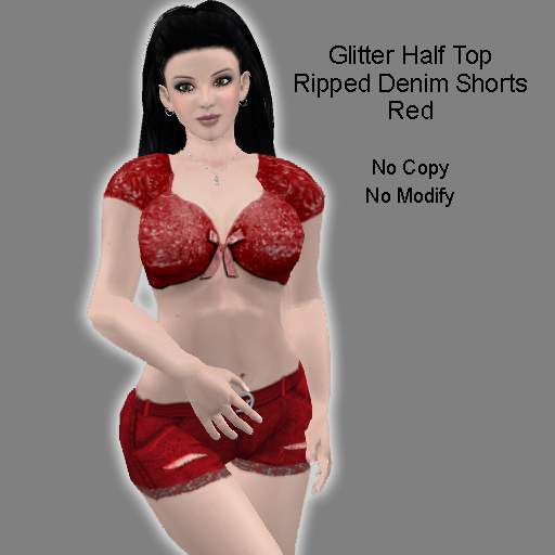 Glitter Half Top and Ripped Denim Shorts - Red