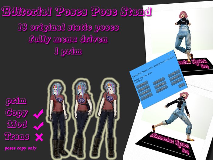 Editorial Poses Pose Stand - 1 prim menu driven 18 original custom poses