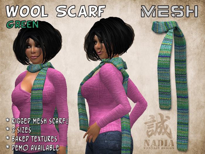 ~Nadia~ Wool Scarf Green - Rigged MESH Knitted Scarf