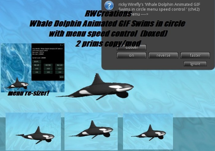 Whale Dolphin fish in realistic movement animated GIF prim on rotation prim with menu speed control & re-sizer menu