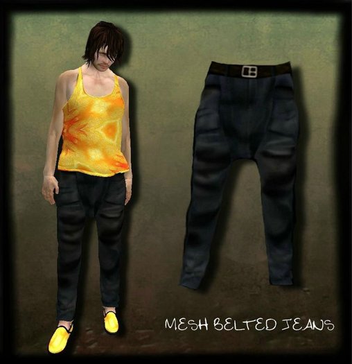 ~Degged Mesh Belted Jeans