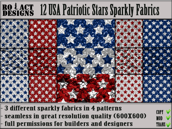 ..::RO!ACT::..DESIGNS 12 USA Patriotic Stars Sparkly Fabrics