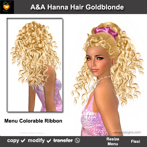 A&A Hanna Hair Goldblonde (color 9), curly half-updo with menu colorable Ribbon.